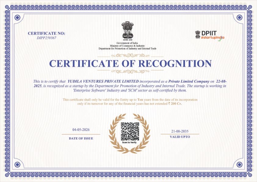Yudila DPIIT Startup India Recognition Certificate